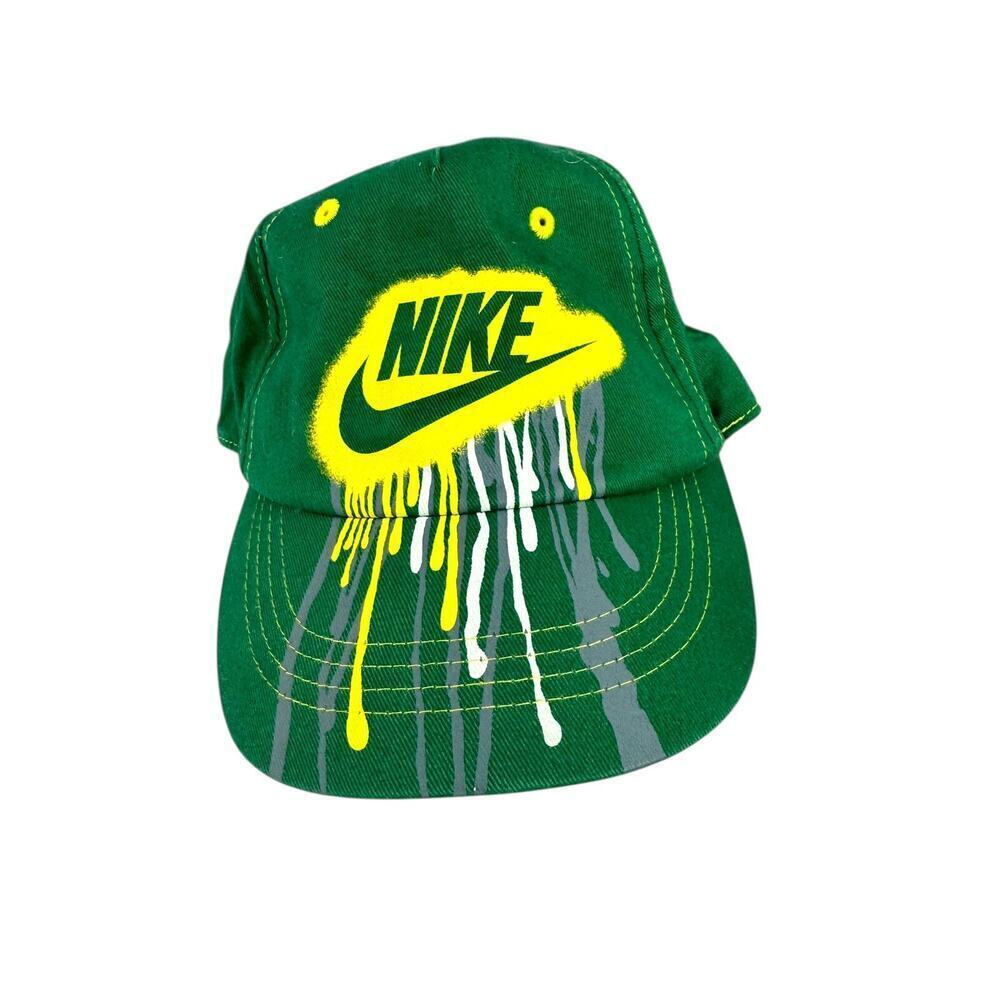 NIKE KIDS PAINT‎ DRIP BASEBALL SWOOSH GREEN YELLOW ADJUSTABLE HAT VTGos